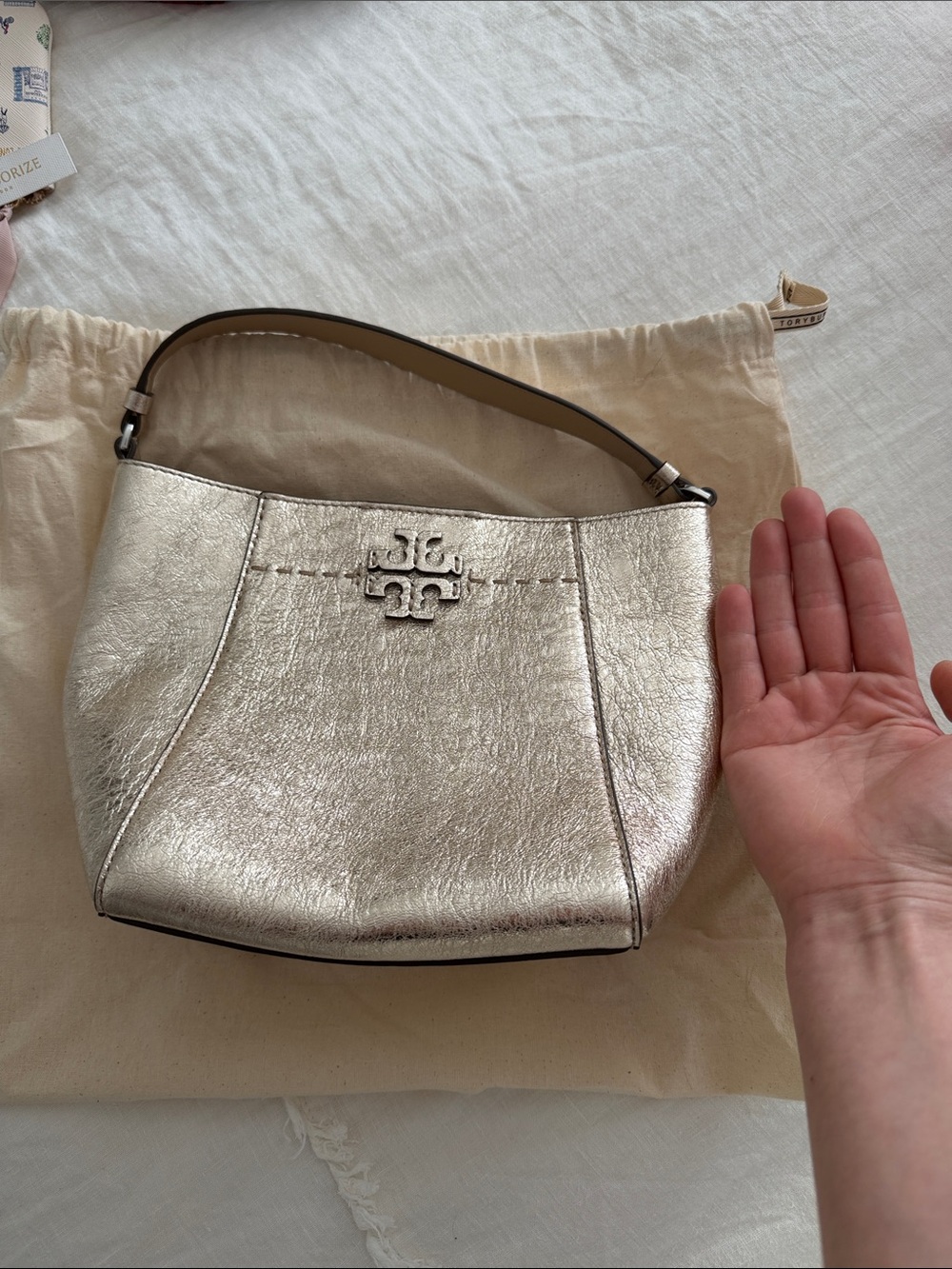 Tory Burch Metallic Silver Shoulder Bag with Logo